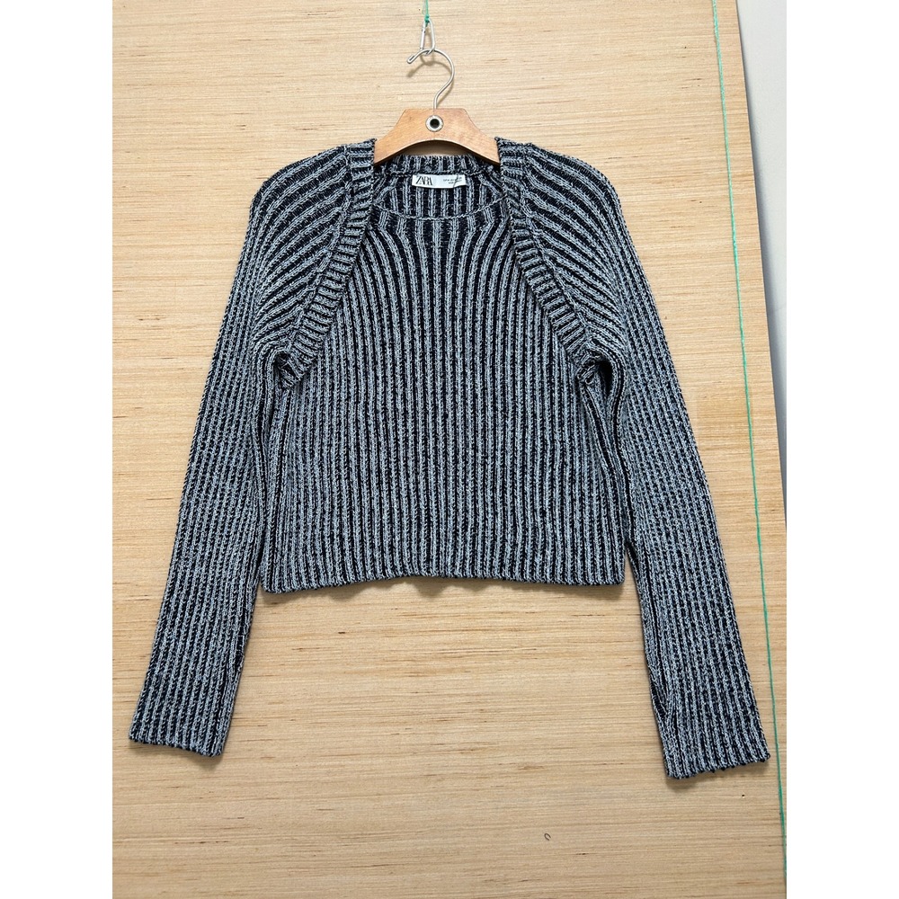 Zara Womens Ribbed Knit Cropped Sweater Black White Marled Crew Neck Medium